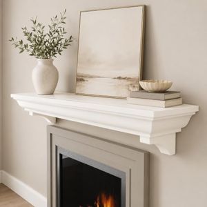 KALSUBO 72 Inch Fireplace Mantel Shelf, Invisible Heavy Duty Bracket Floating Mantle for Over Fireplace, Wall Mounted Handcrafted Hollow Solid Wood Design, Rustic Traditional Fireplace Decor (White)