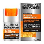 L’Oréal Paris Men Expert Anti Fatigue Daily Moisturizer for Men with Vitamin C & Protein, 24HR Non Greasy Hydration, For Dry and Dull Skin, Reduces look of fine lines & dark circles, Hydra Energetic, 50ml
