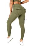 KUACUA High Waist Yoga Pants with 4 Pockets, Tummy Control, Workout Pants for Women 4 Way Stretch Yoga Leggings, Armygreen, Large