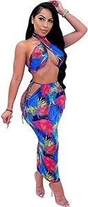 BYDIVA 2 Piece Set Women's Sexy Halter Neck Multi Wear Tops and Skirt Vacation Beach Outfits Leaf M