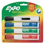 EXPO Magnetic Dry Erase Markers with Erasers, Low Odour, Chisel Tip, Assorted Colours, 4 Count