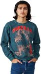 Bioworld Godzilla Vintage Art Crew Neck Long Sleeve Dark Cyan Mineral Wash Adult Sweatshirt-Small