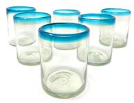 Dos Sueños Hand Blown Mexican Drinking Glasses - Set of 6 Tumbler Glasses with Aqua Blue Rims (10 oz each)