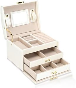 Women's Jewelry Orgnizer Lychee Leather Jewelry Box Case Storage Organizer with Mirror Earring Necklace,Ring Display Christmas Xmas Mother's Day Birthday Gift for Wife Mother Girl (White)