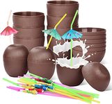 NINU 12 Coconut Cups with 12 Umbrella Drinking Straws and 12 Umbrella Cocktail Picks, Hawaiian Luau Tiki and Beach Party Decorations for Kids and Adults