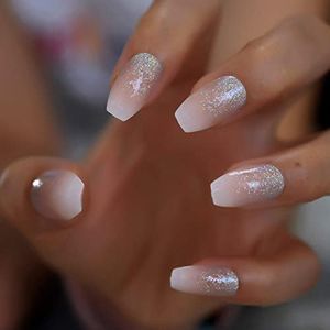 CoolNail Holo Glitter Pink Nude French Ballerina Coffin False Nails Gradient Natural Press on Nails Tips Daily Office Finger Wear