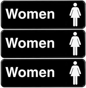 Excello Global Products Easy to Mount 9 by 3 in Informative Plastic Women Restroom Sign with Symbols, Black, Pack of 3