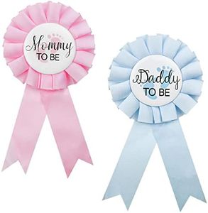 2 Pieces Daddy and Mommy To Be Tinplate Badge Pin, Celebration Gender Reveal Party Favor New Dad Mom Gifts Rosette Buttons with Ribbon Baby Shower Decorations (Pink + Blue), Premium Metal