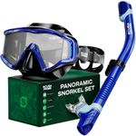 Pano 3 Snorkeling Set with Dry Top Snorkel, 180° Panoramic Dive Mask Tempered Glass Three-Window Scuba Mask, Foldable Silicone Tube Anti-Leak Gear for Men Women Teens Adults, Blue - Ocean Explorer