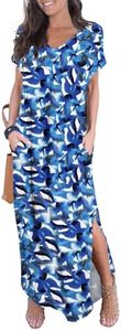 GRECERELLE Women Casual Sundress Short Sleeve Long Tshirt Dress Split Maxi Beach Dresses Travel Vacation Outfits M, Blue Ink White