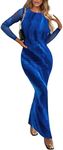 PRETTYGARDEN Women's Bodycon Maxi Dress Fall Fashion Long Sleeve Floral Print Tight Fitted Party Club Ruched Dresses (Blue Watercolor,Medium)