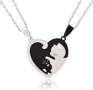 BONJOULRY Yin Yang Couples Cat Necklace for 2, Men Stainless Steel Chain Friendship Matching Dog Necklaces for Women Trendy, Pet Cat Dog Lovers Valentines Day Gifts, 17.72 inch, Stainless Steel, No