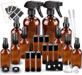 Glass Spray Bottles Kits, BonyTek Empty 12 10 ml Roller Bottles, 12 Amber Essential Oil Bottle(216oz,24oz,82oz) with Labels for Aromatherapy Cleaning Products