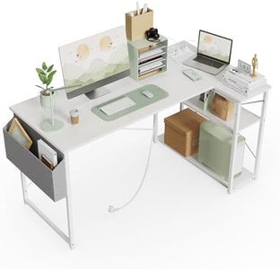 BEXEVUE Scrivania ad Angolo con Ciabatta - 120x70cm Tavolino Computer a Forma L Ripiani Portaoggetti, Scrivania Angolare Reversibile Gaming Informatica, Studio Gioco Lavoro Casa Camera da Letto Bianco