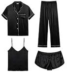 SWOMOG Womens 4pcs Pajamas Sets Silk Satin Sleepwear Sexy Cami with Button Down Short Sleeve Shirt Pjs Loungewear Black Medium