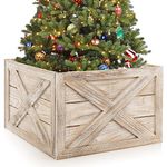 GYMAX Wooden Tree Collar Box, Christmas Tree Skirt Stand Cover with Hook and Loop Fasteners, Farmhouse Xmas Rustic Weathered Wood Decoration (60 x 57 x 37 cm, Brown)