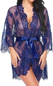 Avidlove Women See Through Lingerie Kimono Robe Mesh Nightgown Swimsuit Cover Up Blue