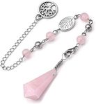 CrystalTears Natural Rose Quartz Crystal Pendulum Hexagonal Healing Crystal Point Dowsing Pendulum Necklace for Divination Chakra Reiki Healing Meditation Balancing