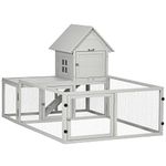 PawHut Rabbit Hutch Outdoor, Rabbit Hutch with Run, Wooden Rabbit Cage for Rabbit, Guinea Pig and Small Animals with Tray, 151.5 x 106 x 97cm, Light Grey
