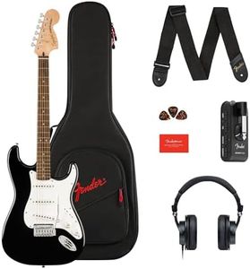 Squier by Fender Affinity Series™ Stratocaster® Electric Guitar & Mustang™ Micro Pack in Black. Includes Gig Bag, Strap, Headphones, Picks & a Free 3-Month Subscription to Fender Play