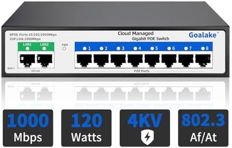 Poe Switch, 10 Ports Gigabit PoE Switch, (8 Ports gigabit Switch + 2 gigabit uplink) Cloud Managed Gigabit Ethernet Switch, 8 Poe Ports @120W, Web/App Smart Managed, Remote Detection/Restart