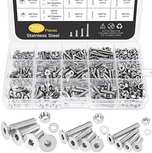 Vlookee M4 Screws 750PCS Hex Flat Head Cap Bolts Screws Nuts Washers Assortment Kit,M3 M4 M5 Machine Screw Assortment,304 Stainless Steel,Stainless m4 Bolts washers with Hex Wrenches, with Storage Box