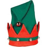 amscan 393509-55 Elf Hat with Bell, Red/Green, Santa Claus, Christmas Eve, Carnival, Theme Party, 15" x 11"