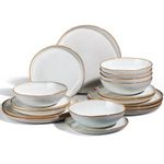 Joyfair Dinner Set, 18 Pieces Stoneware Dinnerware Set Service for 6, Reactive Glaze Irregular Shape Plates and Bowls, Chip & Scratch Resistant, Microwave & Dishwasher Safe, Gilded Alabaster White