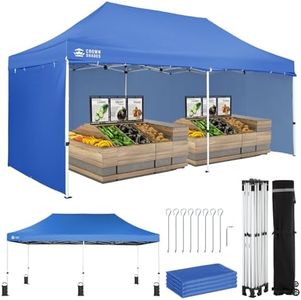CROWN SHADES 10x20 Pop Up Canopy Tent, Thicken Frame Commercial Heavy Duty Tent, Silver-Coated with 4 Sidewalls 8 Stakes & 4 Sandbags & 4 Ropes, Outdoor Canopies for Events, Parties, Blue