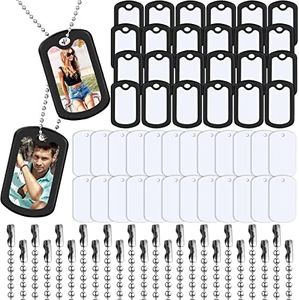 Sublimation Blank Dog Tag Set Aluminum White Stamping Tag Pendants Double Sided Blank Metal Tags with Military Silicone Dog Tag Silencer 23.6 Inch Dog Tag Chain for DIY (24 Sets)