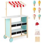 COSTWAY Kids Ice Cream Cart, Wooden Grocery Store Playset with 6 Pieces Play Food, Bell, Chalkboard and Scale, Role Play Dessert Shop Trolley for Ages 3+ (Red Canopy)