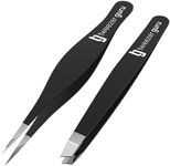 Tweezer Guru Ingrown Hair Tweezers - Pointed Precision Tweezers for Eyebrows & Ingrown Hair Removal - Blackhead and Splinter Tweezer with Sharp Needle Nose Point (2 Piece Set, Black (Point+Slant))