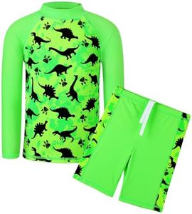 TFJH E Boys' 2-Piece UV 50+ Long Sleeve Swimwear Set Green Dinosaur Bathing Suit for Beach 5T 6T