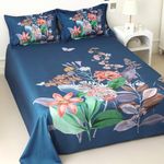 Story@Home King Size Bed Sheet Cotton Digital Printing 300TC Satin Finish with 2 Pillow Covers, 250 cm X 270 cm, Peacock Blue, Floral | Bedsheet for Double Bed | Perfect for Home Decor