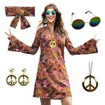 MRYUWB 70s Hippie Dress Costumes Necklace Earrings Sunglass Women Disco Outfit, 60s Party Costume, Halloween Retro Dresses