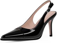 Odetina Women's Beaded Stilettos High Heel Slingback Pumps Pointed Toe Patent Leather Slip On Adjustable Strap Buckle Dress Shoes, Black, 7