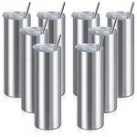 XccMe 20oz Straight Skinny Tumblers Bulk,Stainless Steel Tumbler with Straw,8 Pack Double Wall Slim Insulated Tumbler for Travel,Coffee,Tea, Beverages,Diy Gift For Men Women Friends(Silver)