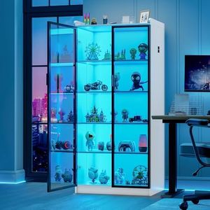 Lvifur 66" Tall Storage Cabinet, LED Kitchen Pantry Cabinet with Human Body Induction, 5 Tier Bookcase Display Cabinet with Adjustable Shelves for Living Room Office (White)