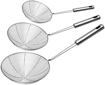 Set of 3 Spider Strainer Stainless Steel Skimmer Spoon for Cooking and Frying Spaghetti Pasta Food Solid Kitchen Utensils Metal Ladle with Handle (4.5", 5.2", 6.1" Diameter - 3 Pack)