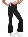 Zaclotre Girls Flare Leggings High Waisted V Crossover Casual Yoga Bell Bottoms with Pockets Pants for Kid Black