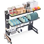 KINGRACK Over Sink Dish Drainer Rack, 3 Tier Adjustable Length and Height, Large Space Dish Rack with Cutlery Holders, Hooks, Cup Holder, etc, Black