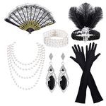 7 Pieces 1920s Flapper Great Gatsby Accessories Set Roaring 20's Theme Set for Women, Retro Carnival Festival Halloween Christmas,with Headband Gloves Necklace Earrings Lace Folding Fan