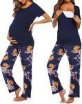 Ekouaer Women's Maternity Nursing Pajamas Set Breastfeeding Sleepwear Short Sleeve Top & Pants Pjs for Pregnant Printed Navy floral Print XXL