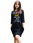 TEEGURUJI Women T-Shirt Dress - Vabchi Ebar Ektu Vaddro Habo Bengali Written - 3/4th Sleeve (Medium) Black