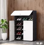 Owme 4-Door Shoe Rack for Home Plastic, Portable Shoe Rack with Dustproof Door for Heels/Slippers/Boots, DIY Multi-Purpose Shoe Rack Organizer, Shoe Storage Cabinet for Entryway - Black