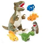 15-inch T-Rex Dinosaur Plush Stuffed Animal with Tummy Carrier Filled with 5 Cute Little Baby Dinosaur Hatchlings Inside its Zippered Tummy - Great Gift for Kids Boys Girls