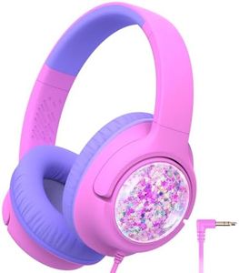 iClever Kids Headphones with Cord,85dBA Safe Volume Wired Headphones for Kids, Stereo Sound Foldable Adjustable,3.5mm Jack,Over Ear Kids Headphones for School/Boys/Girls/iPad (Pink & Purple Glitter)