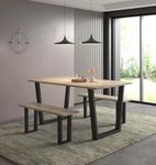 Hallowood Furniture Dudley Dining Table and Bench Set, Industrial Style Dining Table with Black Metal U Shaped Legs (150cm) & 2 Benches, Modern Kitchen Table Dining Room Set