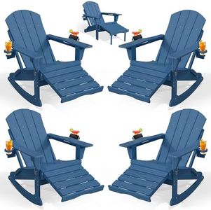 PLUUV Folding Adjustable Adirondack Rocking Chair Set of 4 with Retractable Ottoman and Cup Holders, Outdoor HDPE Adirondack Rocker Patio Chair, Wood-Like Reclining Adirondack Chair, Navy