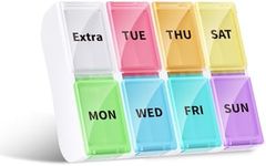 Opret Pill Organiser Box 7 Day, Travel Pill Dispenser Weekly Once a Day with Removable Compartments for Vitamins Fish Oils Supplements Medication - Multicolorful